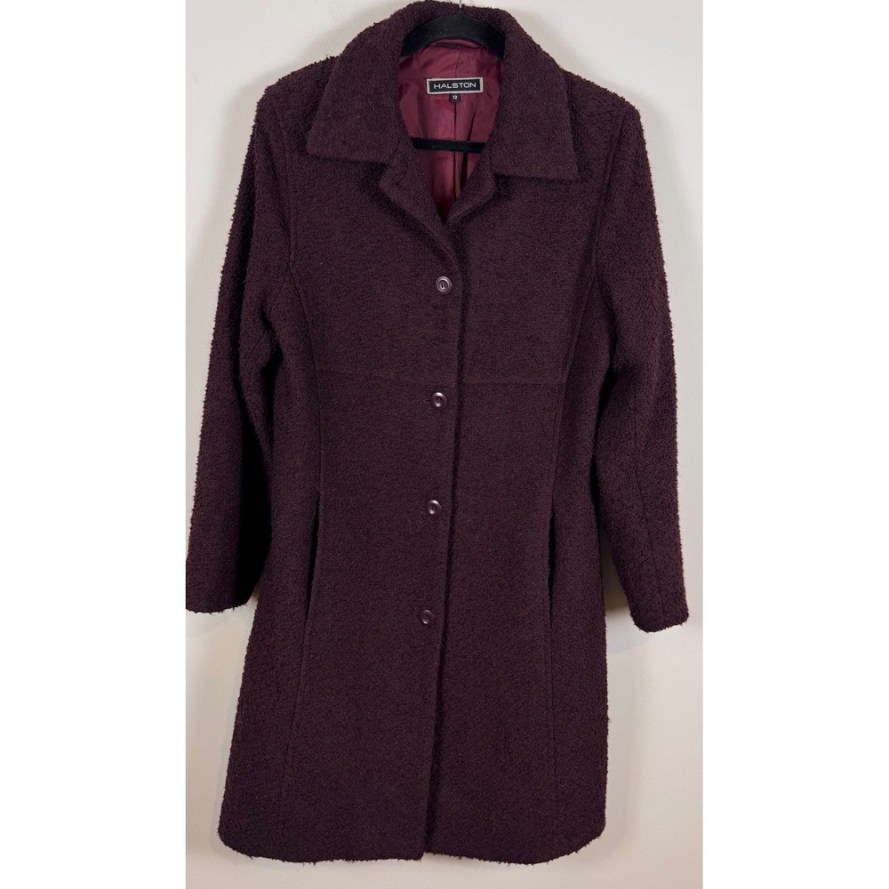 Halston Womens Wool Blend Boucle Coat Burgundy Plum Button Front Size 12